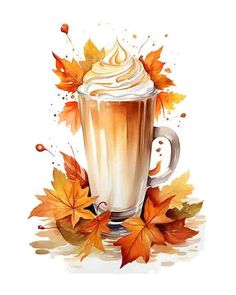 a watercolor painting of a cup of coffee with whipped cream and autumn leaves around it