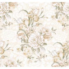 a floral wallpaper with pink flowers and green leaves on the bottom half of it