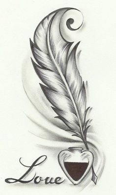 a black and white drawing of a feather with the word love written on it's side