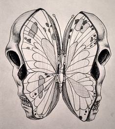 a drawing of two skulls and a butterfly