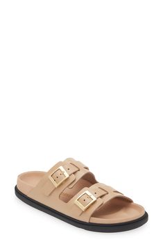 Birkenstock St. Barths Sandal (Women) | Nordstrom Casual Beige Footbed Sandals With Buckle Closure, Beige Buckle Closure Footbed Sandals For Beach, Birkenstock St Barths, Beach T-strap Sandals With Buckle, Beige Non-slip Slides For The Beach, Dear Santa, Slide Sandals, Birkenstock, Adjustable Straps