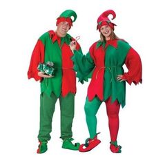 two people dressed in elf costumes standing next to each other