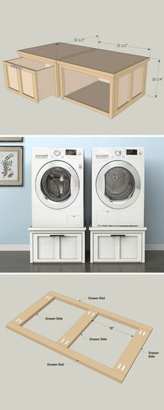 two pictures showing the different parts of a washer and dryer in one photo