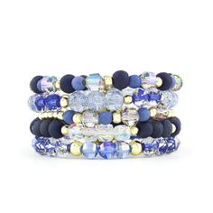 Indulge in the alluring shades of blue with our Blueberry Stack. The deep, rich tones evoke a sense of sophistication and exclusivity, making it the perfect accessory for any upscale occasion. Elevate your style with this luxurious piece that is sure to make a statement. Lead & Nickel Free Bracelets are 'one size fits most' and are designed to fit wrists up to 7.5" comfortably. Please be aware that due to the unique and handmade nature of each product, colors, shapes, and bead sizes may vary sli Erimish Bracelets, Icon Jewelry, Bling Earrings, Stacked Earrings, Bling Necklace, Cuff Jewelry, Free Bracelet, Bar Bracelets, Handbag Shoes