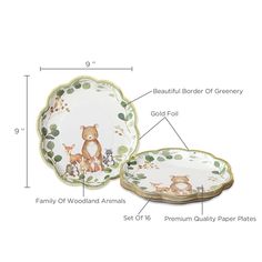 two plates with animals on them and the names of each plate in front of it