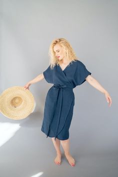 This linen summer dress is comfortable and beautiful. The natural linen is breathable and airy, so you'll feel great in this dress even on the sunniest summer days.We have created this linen dress in wrap kimono style. It's very easy to wear it - just slip your arms in the sleeves, wrap the dress around you and you're ready to go.The dress has inner ties that will let you adjust the size. The outer waist belt will ensure you even more adjustments for your waist and extra fastening. Wrap the belt Summer Dress Linen, Summer Wrap Dress, Linen Outfits, Linen Summer Dress, Linen Dress Summer, Linen Wrap Dress, Linen Kimono, Linen Robe, Mode Kimono