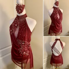 the back of a red dress with beading on it