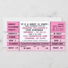 pink and white ticket style birthday party card