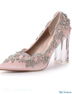 OrcaJump - Womens Sparkling Glitter Rhinestone Crystal Pointed Toe Block Wedding Pumps with Flat Heel - White/Gold Yellow Red Clear High Heels, Wedding Pumps, Party Pumps, Rosy Pink, Sparkles Glitter, Rubber Heels, Crystal Points, Gold Yellow, Pump Shoes