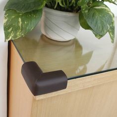 a potted plant sitting on top of a wooden cabinet