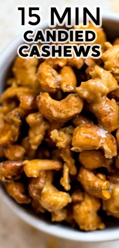 closeup of a bowl of nuts with text overlay that reads 15 min candied cashews Candied Cashews, Candied Nuts Recipe, Cashew Recipes, Crockpot Candy, Snack Mix Recipes, Candy Recipes Homemade, Nut Recipes, Christmas Candy Recipes, Pecan Recipes