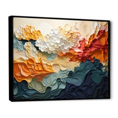 an abstract painting on canvas with waves and clouds in orange, blue, yellow and white colors