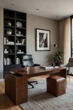 a living room with a large wooden desk and chair next to a book shelf filled with books