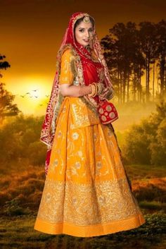 Uppada Silk Wedding sangeet Rajputi poshak in yellow and Red combination with zari work by Saundaryam Fashions Product Details: Boutique design pure Upadda silk poshak with contrast humrahi pure odhna 10 kali  hand work style of antique codding & jari with full kundan Heavy Odhni 4 side work + Jaal desiner work with pallu butta  & gotta kiran turii Kurti with heavy baju & gala work With work magji Color : Same as pr photo ( 5 to 7 % color version may be ) Beautiful crafted Rajputi poshak armlet Rajputi Haldi Dress, Red Combination, Haldi Dress, Rajputi Dress, Side Work, Ghagra Choli, Zari Work, Silk Wedding, Work Style