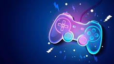 a neon colored video game controller on a dark blue background with lightnings around it