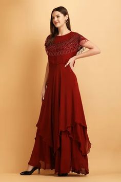 Shop for Label Ivish Viscose Georgette Embroidered Cut Dana Shoulder Panel Gown for Women Online at Aza Fashions Gown For Women, Asymmetric Skirt, Red Maxi, Draped Skirt, Maxi Gown, Red Dress Maxi, Panel Dress, Gowns Online, Asymmetrical Skirt