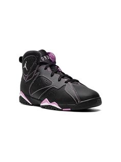 black/purple leather signature Jumpman motif round toe contrast stitching front lace-up fastening logo-embroidered tongue rubber outsole These styles are supplied by a premium sneaker marketplace. Stocking only the most sought-after footwear, they source and curate some of the most hard to find sneakers from around the world. Jordans Girls, Jordan 7, Kids Jordans, Purple Leather, Boys Shoes, Sneakers Black, Logo Embroidered, Air Jordan, Lace Front