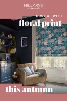 Dark blue floral Roman blind in a living room corner with dark blue walls and in-built shelving. There is a large beige armchair next to the window with cushions and a throw. Dark Blue Living Room, Cosy Living, Cosy Living Room, Blue Floral Print