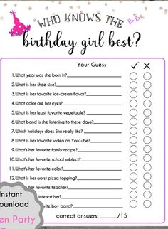 a birthday girl guess game with the words who knows the birthday girl best?