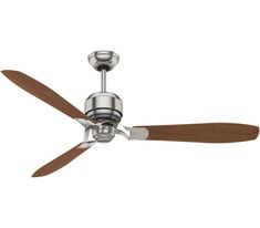 a ceiling fan with two wooden blades