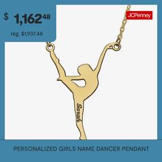 She'll love wearing her favorite activity around her neck with this personalized dancer necklace. Up to 9 characters for name.Closure: Lobster claspPendant Size: 40x25mmFeatures: Personalized, EngraveableMetal Color: YellowChain Length: 18 InchChain Width: 1 MillimetersChain Construction: CableCare: Wipe CleanMetal: 14k GoldNecklace Type: Pendant NecklacesAssembled in the US from Imported Materials Dancer Necklace, Favorite Activity, Girl Names, Pendant Necklaces, Dancer, Necklaces, Pendant Necklace, Pendant, How To Wear