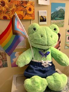 a stuffed frog holding a rainbow flag on top of a counter in front of pictures