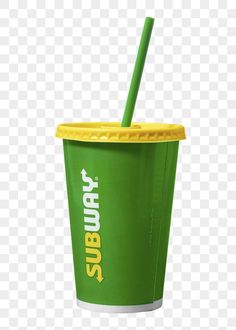 a green cup with a yellow lid and straw in the bottom, on a transparent background