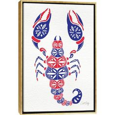 a red, white and blue painting of a lobster