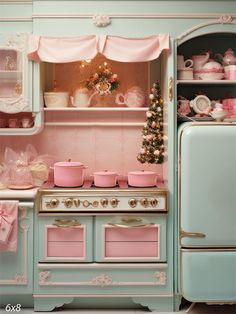 Pink and Teal Barbie Vintage Christmas Kitchen Photography Backdrop - A pastel-colored vintage kitchen with Christmas decorations Mid Century Modern Barbie House, Vintage Pastel Kitchen, Pink And Aqua Kitchen, Teal And Pink Kitchen, Kitchen Backdrop, Vintage Barbie House, Barbie Bakery, 50s Kitchen Decor, Large Group Photos