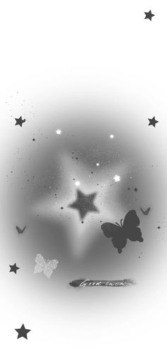 black and white photograph of butterflies flying in the sky with stars around them on a gray background