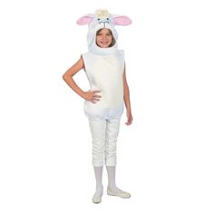 a girl in a white bunny costume standing with her hands on her hips