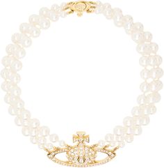 Tiered beaded faux-pearl choker in white. · Logo pendant with crystals at drop · Logo-embossed tab-slot fastening · Gold-tone brass hardware · L15 Supplier color: Gold/Pearl/Crystal Drop Logo, Bas Relief, Pearl Crystal, Pearl Choker, Gold Pearl, Brass Hardware, Vivienne Westwood, Womens Jewelry Necklace, Faux Pearl