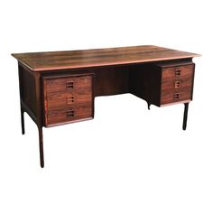 a wooden desk with two drawers on one side and an open drawer on the other