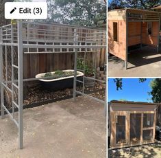 three different pictures of an outdoor toilet and bathtub in the same photo, one is made out of wood