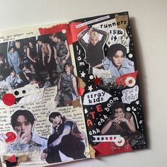 an altered book with pictures of people and words on the pages that are collaged together