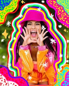 a woman with her hands up in the air and smiling at the camera, surrounded by colorful stars