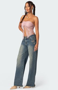 Sheer lace at the split front and back adds a sultry edge to this strapless crop top. Strapless Partially lined 95% polyester, 5% spandex Machine wash, dry flat Imported Top Strapless, Strapless Crop Top, Front Crop Top, Clothing Pieces, Washed Jeans, Sheer Lace, Front Design, Lace Fabric, S Models