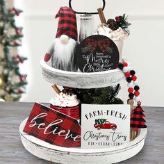 a basket filled with christmas items on top of a table