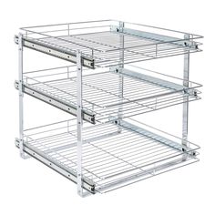 three tiered metal shelf with two shelves on each side and one shelf below it