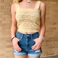 Lemon Colored Knit Tank Crop Top. Pair With Your Favorite Flare Jeans To Complete A Groovy Style! Textured Knit Crop Top For Spring, Spring Textured Knit Crop Top, Cute Pointelle Knit Tops, Cute Pointelle Knit Tops For Spring, Trendy Pointelle Knit Crop Top, Halter Tie Top, Fringe Crop Top, Mock Neck Crop Top, Crossover Top