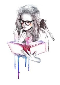 a drawing of a woman reading a book with a bird on her shoulder and dripping paint