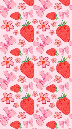 strawberrys and bows on a pink background