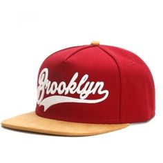 Nwot Red Cap "Brooklyn" Written In White On The Front With Tan Peak, Adjustable Back Red Letter Print Snapback Trucker Hat, Red Urban Snapback Hat, Urban Red Snapback Hat, Urban Style Red Snapback Hat, Trendy Red Baseball Cap For Sports, Red Hats With Letter Print And Curved Bill, Urban Red Baseball Cap, Adjustable Red Hat With Letter Print, Trendy Red Flat Bill Hat