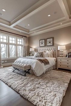 a large bed sitting in the middle of a bedroom on top of a wooden floor