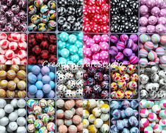 many different types of balls are shown in this collage with the same color and pattern