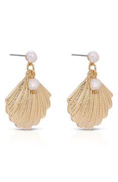 A pair of pearls lends elegant luster to these gleaming shell drop earrings that'll help you channel your inner mermaid. 1 1/4" drop Post back 18k-gold plate/freshwater pearl Imported Shell-shaped Pearl Earrings With Pearl Charm, Pearl Shell Earrings With Pearl Charm, Elegant Shell-shaped Earrings With Pearl Charm, Gold Pearl Shell-shaped Earrings, Elegant Shell-shaped Pearl Earrings, Elegant Shell With Pearl Charm, Gold Shell-shaped Jewelry For Formal Occasions, Elegant Pearl Drop Shell, Elegant Gold Shell With Pearl Charm