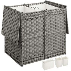 the storage basket has three bins and two baskets on each side, both with handles