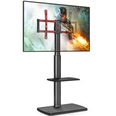 a flat screen tv sitting on top of a metal stand next to a black shelf