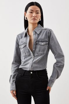 This Utility-Inspired Long Sleeve Shirt Is The Key Piece For Versatile Styling. Crafted From Premium Denim With A Relaxed Fit And Button Up Design For Ultimate Comfort, While Pocket Detail And Cuffed Sleeves Reminisce '90S Style.Denimlong Sleeverelaxed Fitpocket Detail Grey Denim Shirt Outfit Women, Grey Denim Shirt Outfit, Denim Button Up Shirt Outfit, Grey Shirt Outfit, Denim Shirt Outfit Women, Gray Shirt Outfit, Denim Pocket Details, Grey Denim Shirt, Denim Shirt Outfit