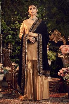 Shop for Ranian Gold Silk Tissue Kurta Set With Midnight Blue Dupatta for Women Online at Aza Fashions Tissue Kurta, Gharara Designs, Black Dupatta, Velvet Dupatta, Zardosi Embroidery, Stylish Kurtis Design, Velvet Dress Designs, Velvet Shawl, Bridal Dress Fashion